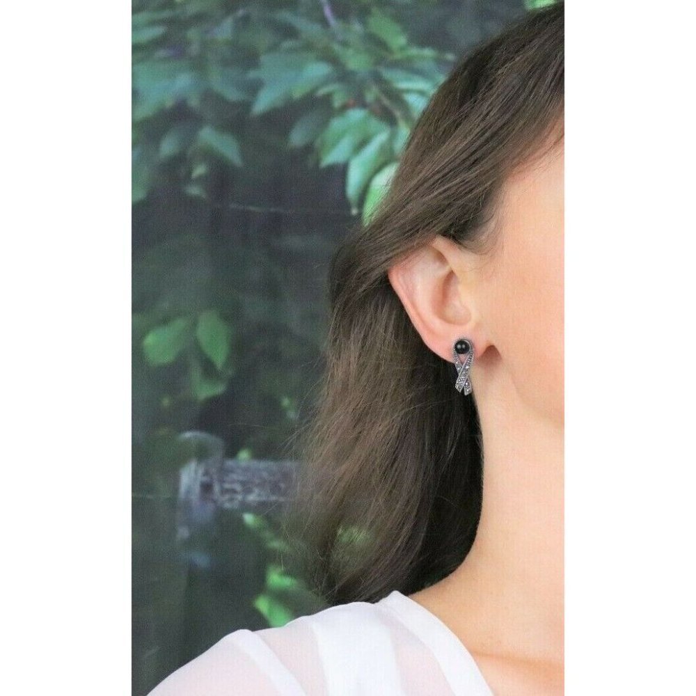 Sterling Silver Marcasite Ribbon Earrings with Black Bead Stud Post - Picture 2 of 9